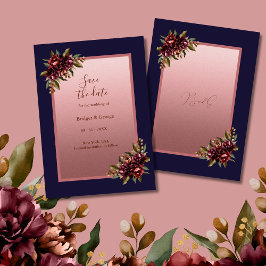 Navy Blue Rose Gold Floral wedding Save the Date 招待状