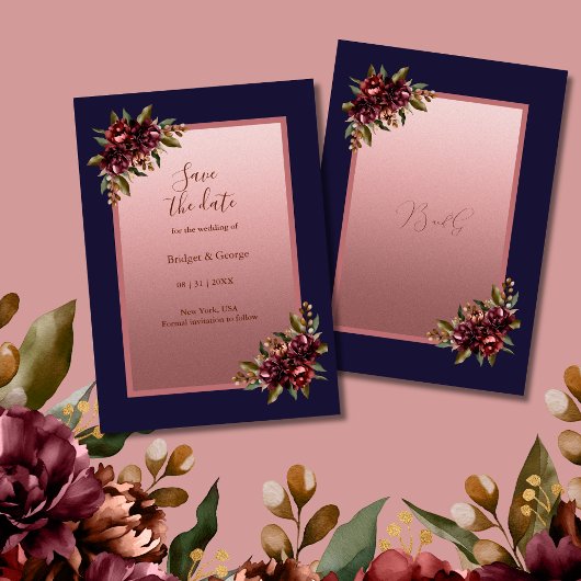 Navy Blue Rose Gold Floral wedding Save the Date 招待状