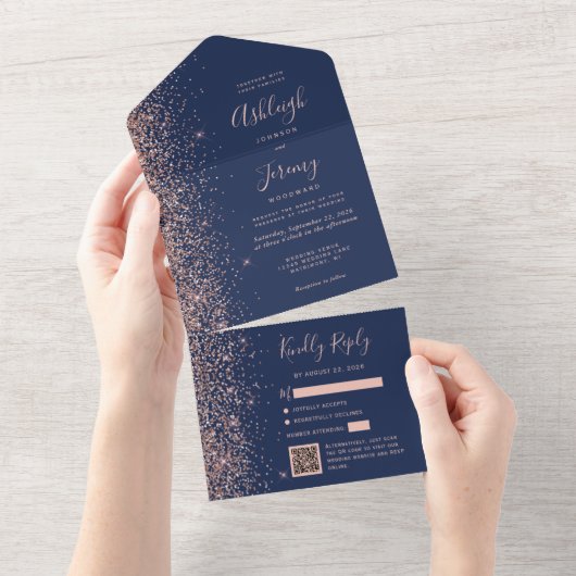 Navy Blue Rose Gold Glitter QR Code Wedding オールインワン招待状 (貼ってはがせる)