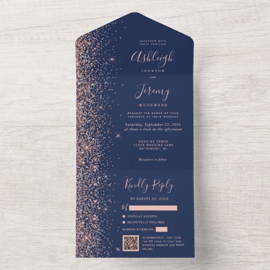 Navy Blue Rose Gold Glitter QR Code Wedding オールインワン招待状 (内側)