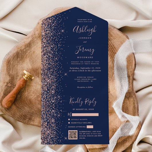 Navy Blue Rose Gold Glitter QR Code Wedding オールインワン招待状