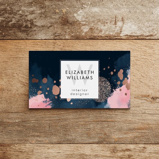 Navy Blue Rose Gold Monogram Business Card