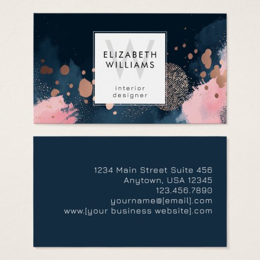 Navy Blue Rose Gold Monogram Business Card (正面&裏面)