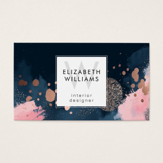 Navy Blue Rose Gold Monogram Business Card (正面)