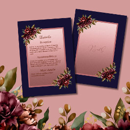 Navy Blue Rose Gold Script Burgundy floral wedding エンクロージャーカード