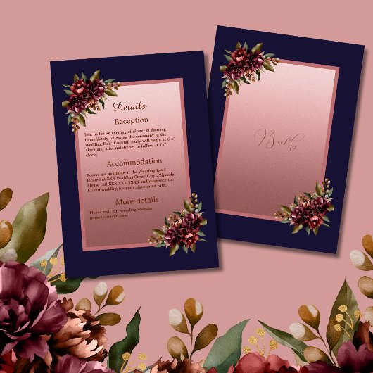 Navy Blue Rose Gold Script Burgundy floral wedding エンクロージャーカード