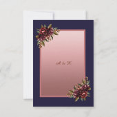 Navy Blue Rose Gold Script Burgundy floral wedding 出欠カード (裏面)