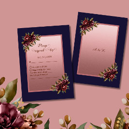 Navy Blue Rose Gold Script Burgundy floral wedding 出欠カード