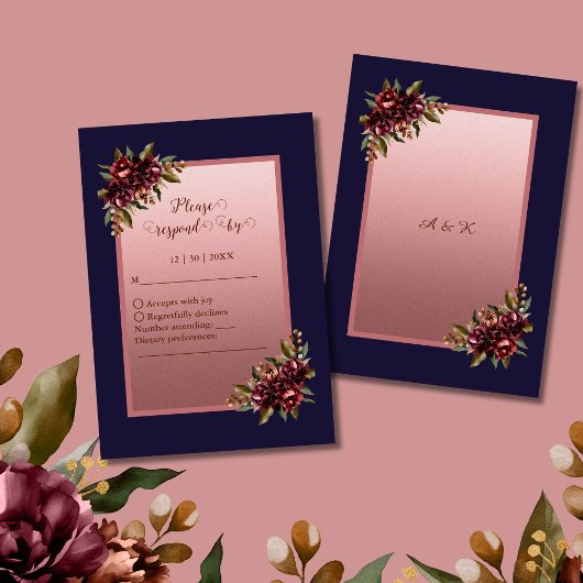 Navy Blue Rose Gold Script Burgundy floral wedding 出欠カード