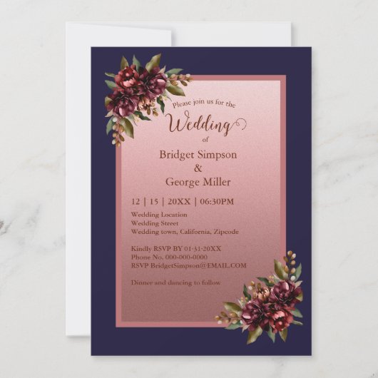 Navy Blue Rose Gold Script Burgundy floral wedding 招待状 (正面)