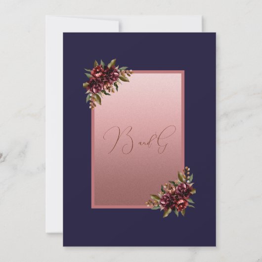 Navy Blue Rose Gold Script Burgundy floral wedding 招待状 (裏面)