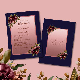 Navy Blue Rose Gold Script Burgundy floral wedding 招待状