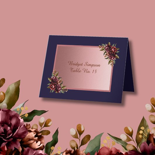 Navy Blue Rose Gold script  pink Floral Guest Card サンキューカード