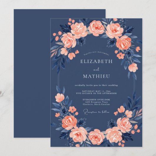 Navy Blue Rose Wedding 招待状 (正面/裏面)