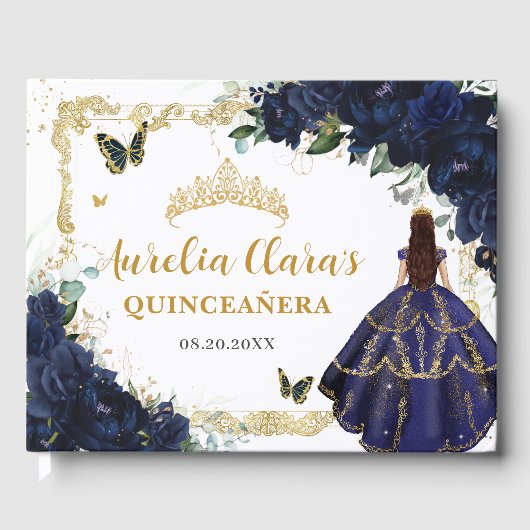 Navy Blue Roses Floral Princess Gold Quinceanera  ゲストブック (正面)
