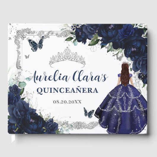 Navy Blue Roses Floral Princess Quinceañera 15 16 ゲストブック (正面)