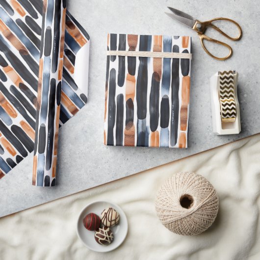 Navy Blue Rust Orange Stripes Birthday ラッピングペーパー (クラフト)
