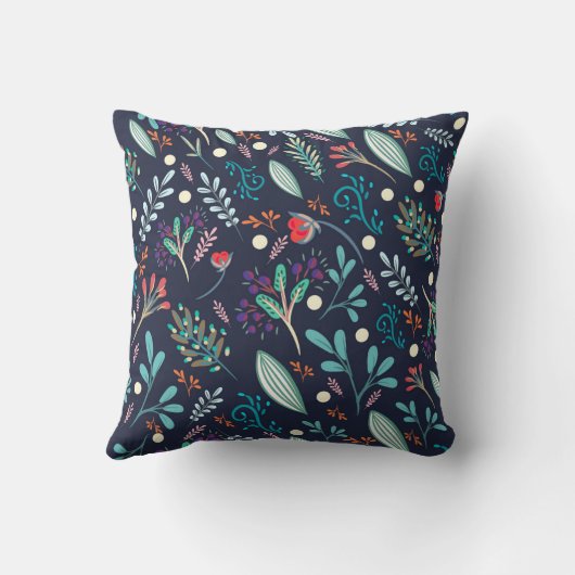 Navy Blue Rustic Floral Folk Art Pattern Pillow クッション (裏面)
