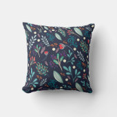 Navy Blue Rustic Floral Folk Art Pattern Pillow クッション (正面)