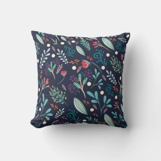 Navy Blue Rustic Floral Folk Art Pattern Pillow クッション