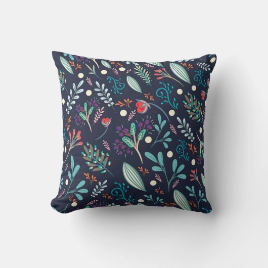Navy Blue Rustic Floral Folk Art Pattern Pillow クッション (正面)