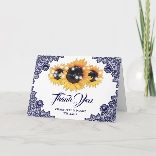 Navy Blue Rustic Floral Lace Sunflower Wedding サンキューカード (正面)