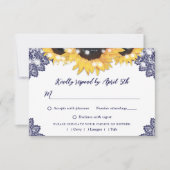 Navy Blue Rustic Lace Sunflower Wedding 出欠カード (正面)