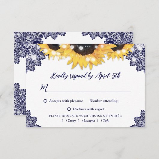 Navy Blue Rustic Lace Sunflower Wedding 出欠カード (正面/裏面)
