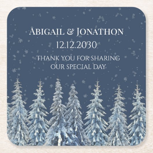 Navy Blue Rustic Winter Forest Wedding スクエアペーパーコースター (正面)