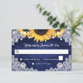 Navy Blue Rustic Wood Lace Sunflower Wedding 出欠カード (スタンド正面)