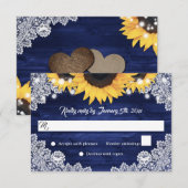 Navy Blue Rustic Wood Lace Sunflower Wedding 出欠カード (正面/裏面)