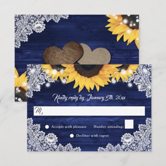 Navy Blue Rustic Wood Lace Sunflower Wedding 出欠カード (正面/裏面)