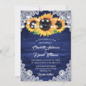 Navy Blue Rustic Wood Lace Sunflower Wedding 招待状 (正面)
