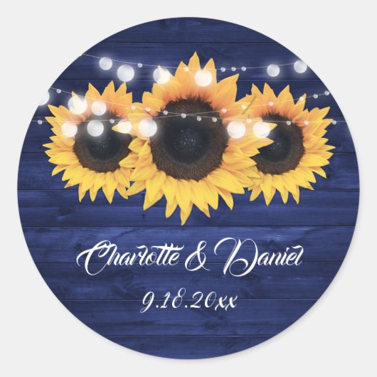 Navy Blue Rustic Wood Lights Sunflower Wedding ラウンドシール (正面)