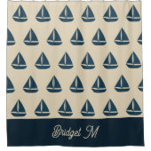 navy blue sailboat & Monogram Beige Coastal home シャワーカーテン (正面)