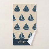 navy blue sailboat & Monogram Beige Coastal home バスタオルセット (ハンドタオル)