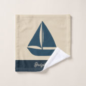 navy blue sailboat & Monogram Beige Coastal home バスタオルセット (ウォッシュタオル)