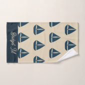 navy blue sailboat & Monogram Beige Coastal home バスタオルセット (ハンドタオル)