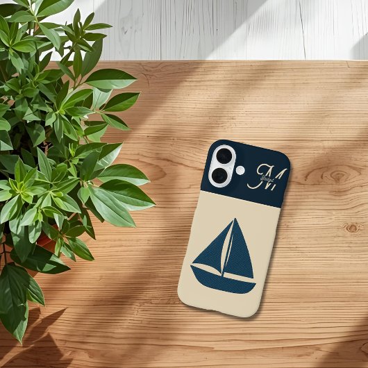 navy blue sailboat & Monogram Beige Coastal home Case-Mate iPhoneケース