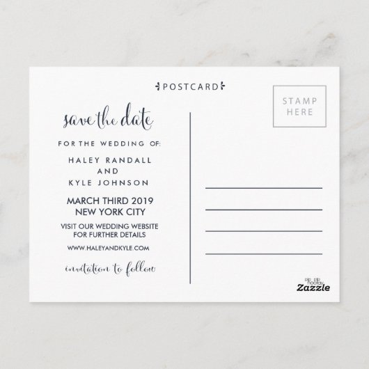 Navy Blue Save the Dateタイポグラフィ発表 ポストカード (裏面)