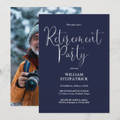 Navy Blue Script Photo Retirement Party 招待状 (正面/裏面)