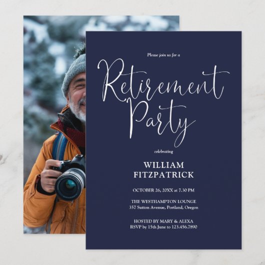 Navy Blue Script Photo Retirement Party 招待状 (正面/裏面)
