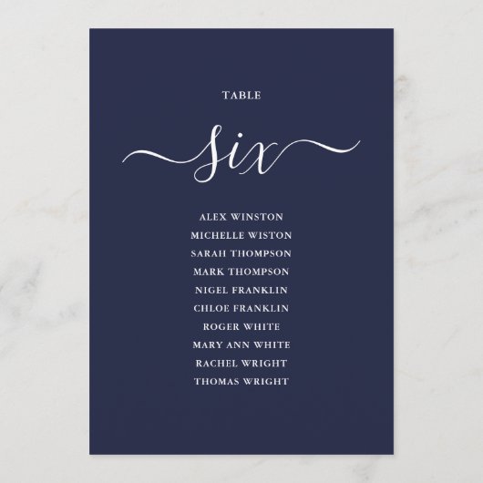 Navy Blue Script Table Number 6 Seating Chart 招待状 (裏面)