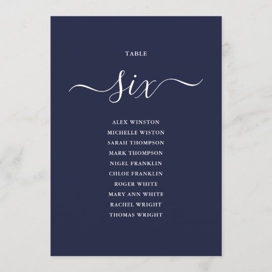 Navy Blue Script Table Number 6 Seating Chart 招待状 (正面)