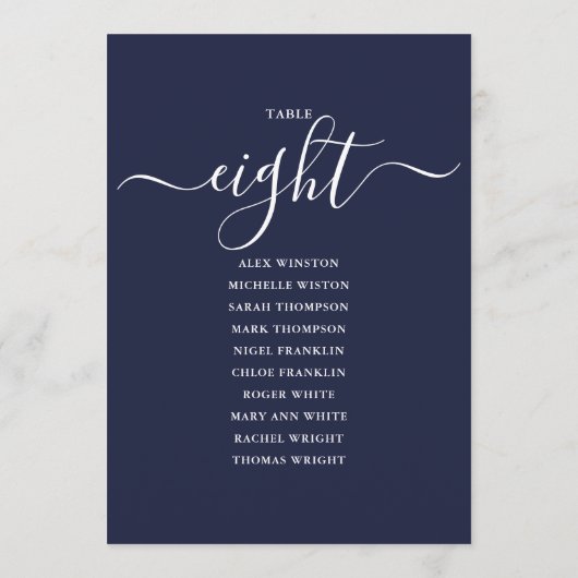 Navy Blue Script Table Number 8 Seating Chart 招待状 (裏面)