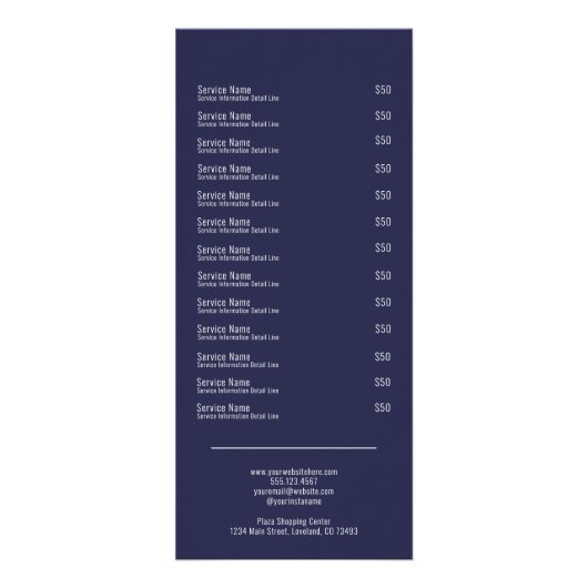 Navy Blue Services Menu Rack Card ラックカード (裏面)