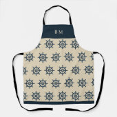 navy blue ship wheel & Monogram Beige Coastal home エプロン (正面)