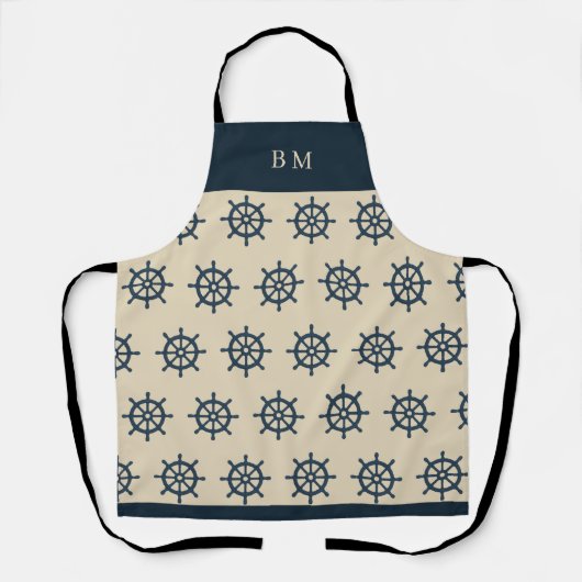 navy blue ship wheel & Monogram Beige Coastal home エプロン (正面)
