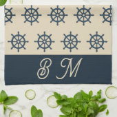 navy blue ship wheel & Monogram Beige Coastal home キッチンタオル (折り畳み)