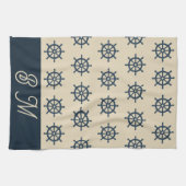 navy blue ship wheel & Monogram Beige Coastal home キッチンタオル (横)